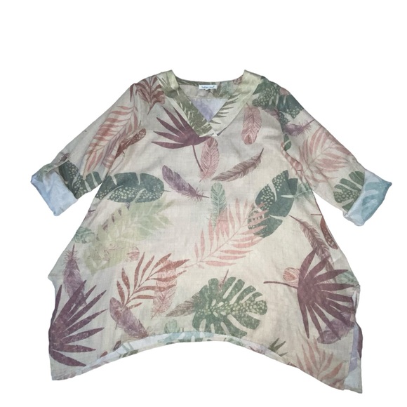 Indigo Soul Feather Tropical Print V-Neck Roll Tab Sleeves Top - Women’s Large - Picture 2 of 13